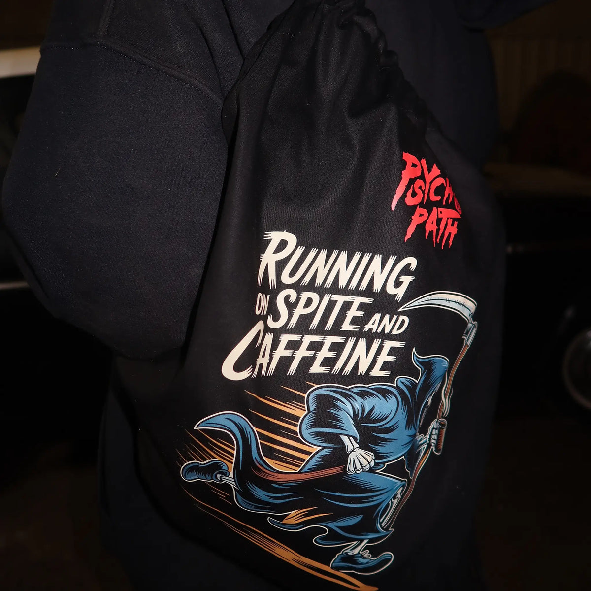 Running on Spite and Caffeine Drawstring Bag